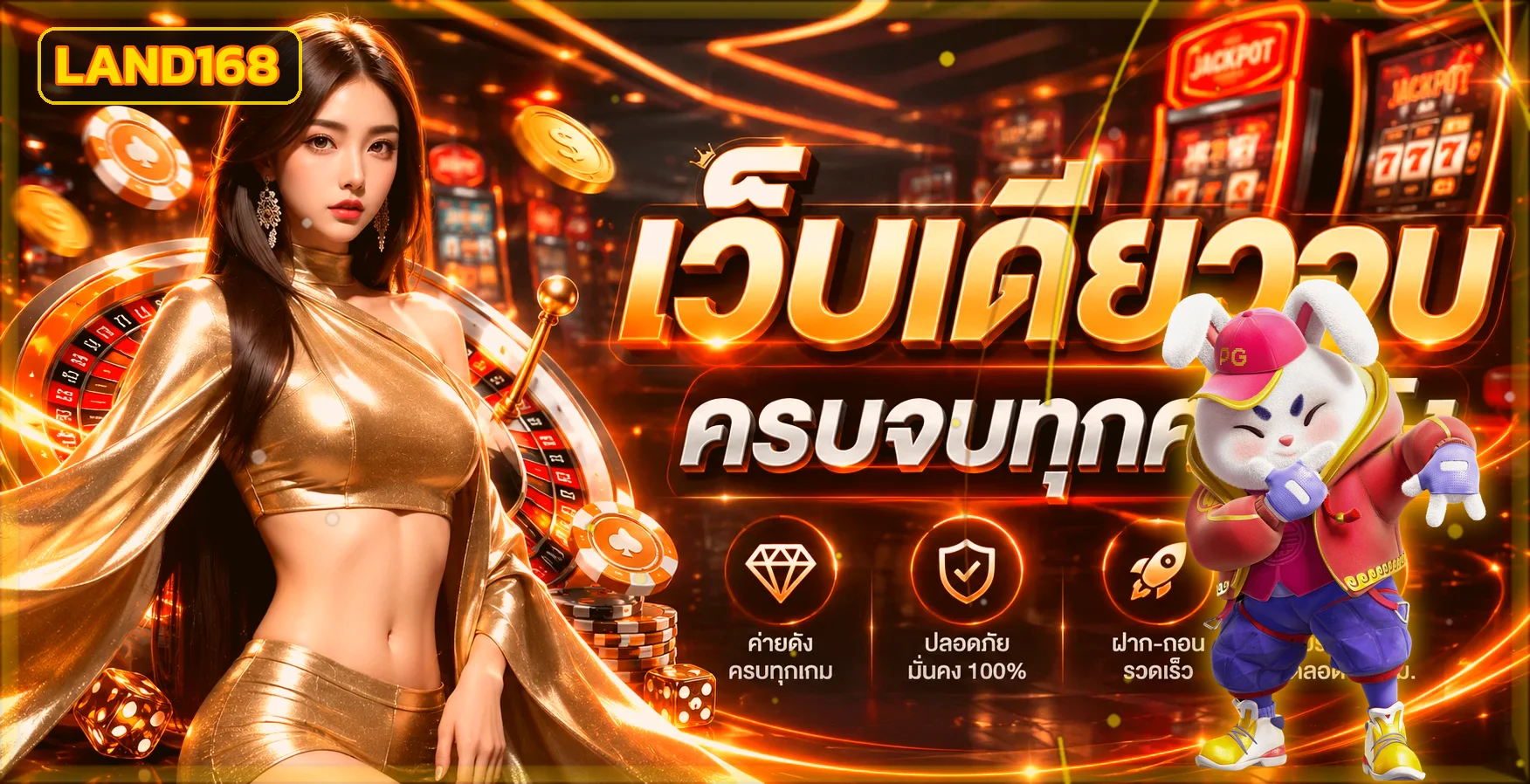 แบนเนอร์ landslot และตัวละคร PG Soft โทนส้มทอง